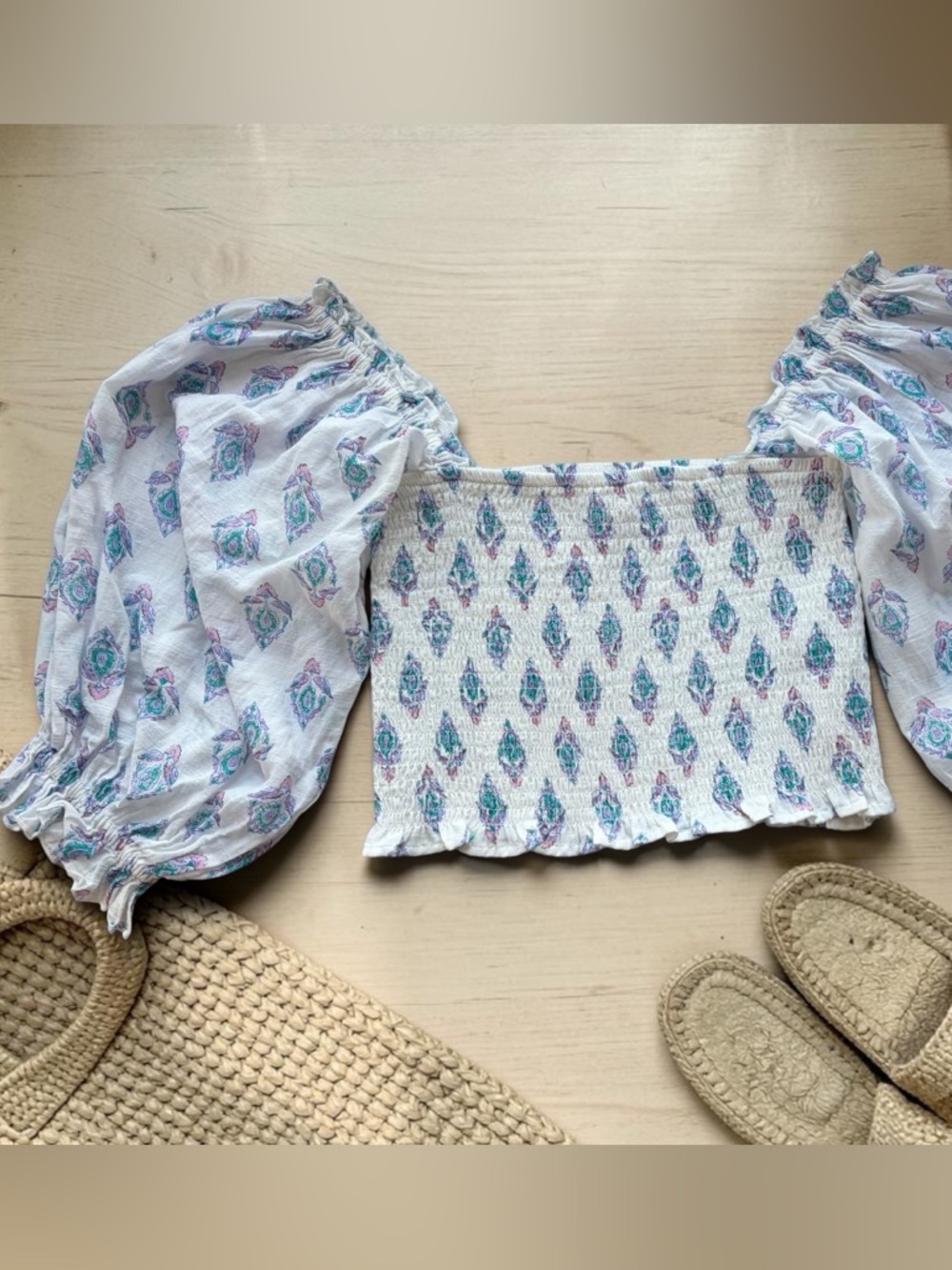 Billabong White Smocked Crop Top with Teal and Lavender Motif